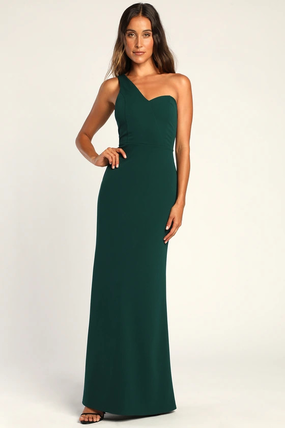 Boastful Beauty Hunter Green One-Shoulder Mermaid Maxi Dress | Lulus