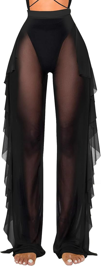 Jumppmile Women's Ruffle Sheer Mesh Swimwear Bikini Cover Up Pants See Through | Amazon (US)