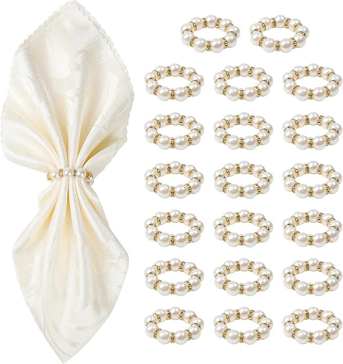 Gold Napkin Rings 20Pcs, Imitation Pearl Napkin Rings Napkin Holder, Elegant Rhinestone Gold Bead... | Amazon (US)