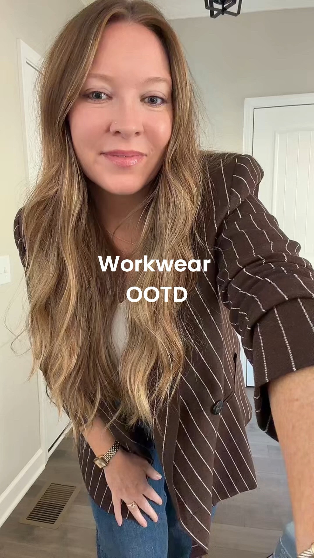 Chocolate Brown pinstripe Blazer - tts I’m wearing a medium 
White tank 
Cropped wide leg jeans / tts wearing a 28
Nude designer inspired heels / tts wearing
Two tone watch 
Evil eye necklace 
Two tone bracelet cuff and ring

#LTKdayinmylife #LTKootd #LTKWorkwear