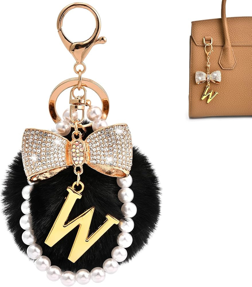 Gold Initial Keychain with Rhinestone Bow & Black Pom Pom, Cute Letter Bag Charm for Women Purse ... | Amazon (US)