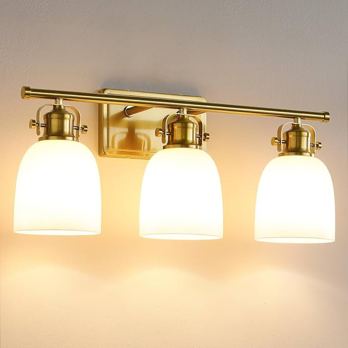 KAISITE Gold Bathroom Light Fixture Over Mirror 3-Light Bathroom Vanity Light with Milky White Gl... | Amazon (US)