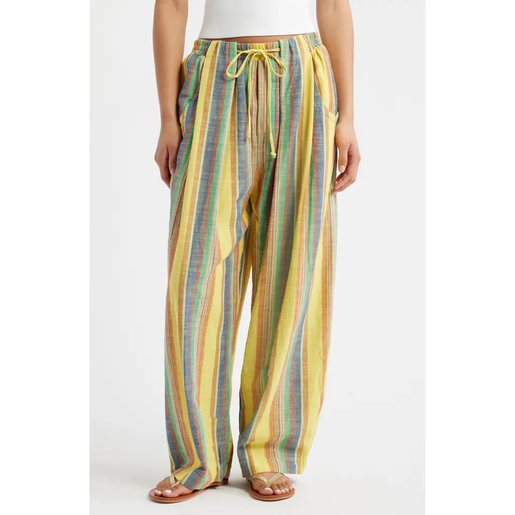 Free People Chambers Stripe Drawstring Linen & Cotton Pants in Butter Yellow Combo at Nordstrom, Size Large | Nordstrom