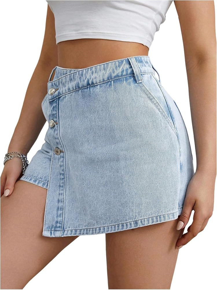 Floerns Women's Button Front High Waisted Denim Skort Casual Asymmetrical Jean Shorts | Amazon (US)