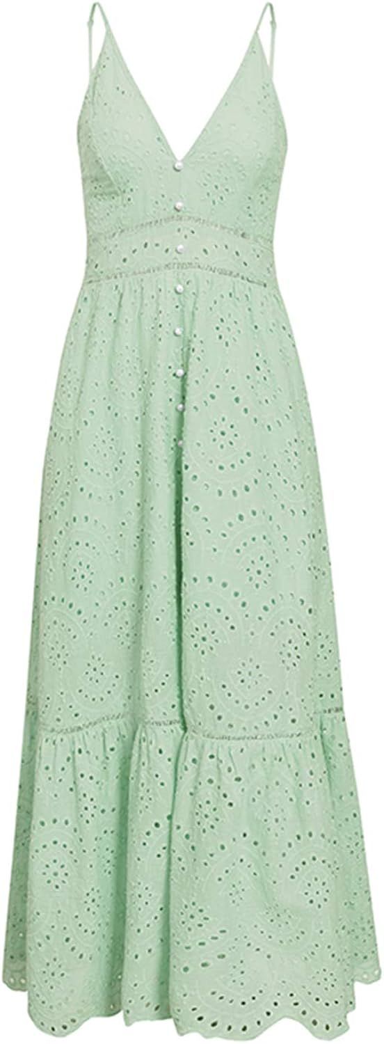 BerryGo Women's Embroidery Pearl Button Down Dress V Neck Spaghetti Strap Maxi Dress | Amazon (US)