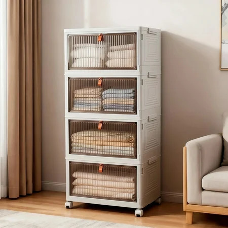 GARITIN 92 Qt Stackable Storage Bins with Lids and Wheels, 4 Tier Folding Storage Box with Doors, Plastic Closet Organizers and Storage Containers for Living Room, Office, Dorm | Walmart (US)