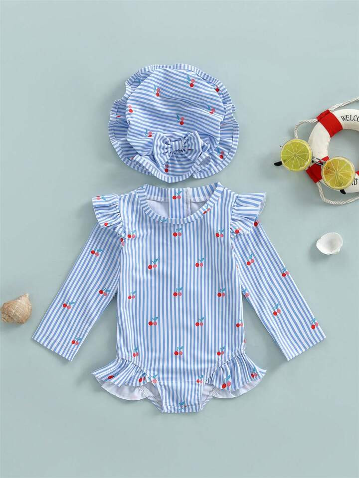 Traje De Baño De Una Pieza Para Niña Pequeña, De Manga Larga, Con Protección Contra Erupciones Y Gorro, Con Cremallera Y Estampado Floral, Ropa De Playa Con Estampado De Leopardo | SHEIN