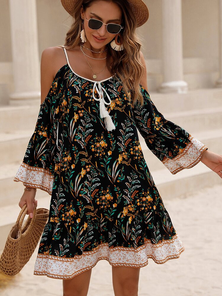 Floral Print Cold Shoulder Tassel Knot Front Ruffle Hem Dress | SHEIN