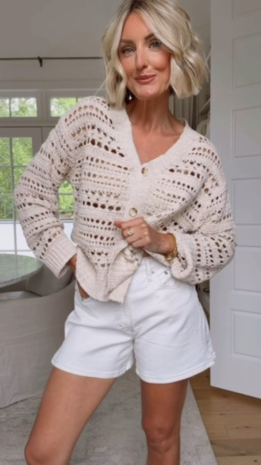 The perfect cardigan for warmer weather! I love how breathable it is! Wearing S/4. Loverly Grey, Target fashion, Target find, neutral cardigan, white denim shorts, white jean shorts, spring fashion, spring outfit ideas

#LTKootd #LTKSeasonal