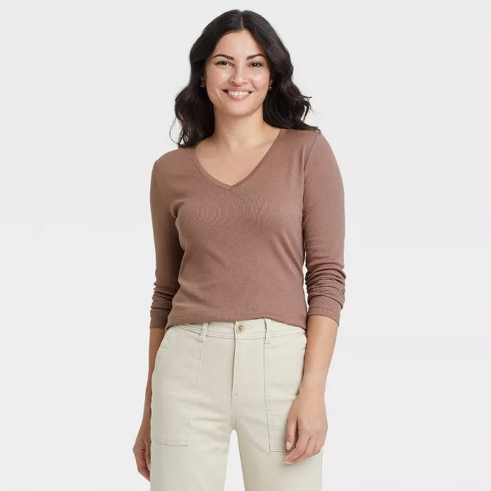 Women's Long Sleeve V-Neck Ribbed T-Shirt - A New Day™ | Target