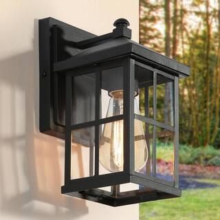 Frosted Black Outdoor Sconce for Front Door Porch Entry Modern Wall Light with Clear Glass Plaid ... | The Home Depot