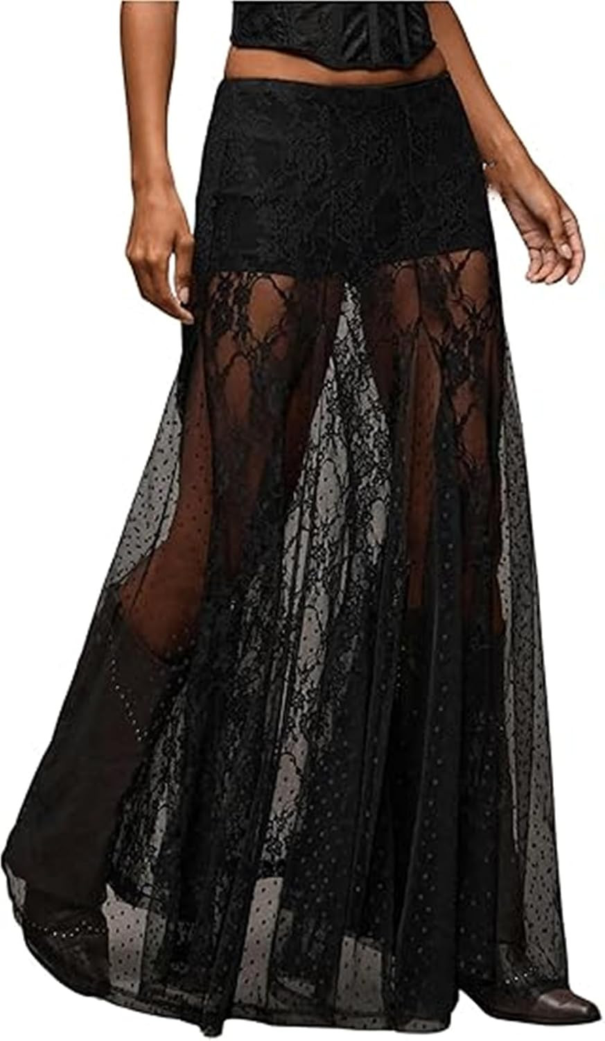 Women Lace Sheer Maxi Skirt See Through Low Waist Floral Polka Dots Aline Ruffle Boho Goth Flowy Long Cover Up Skirt | Amazon (US)