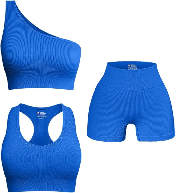 OQQ Women's 3 Piece Outfits Ribbed Seamless Exercise Scoop Neck Sports Bra One Shoulder Tops High... | Amazon (US)