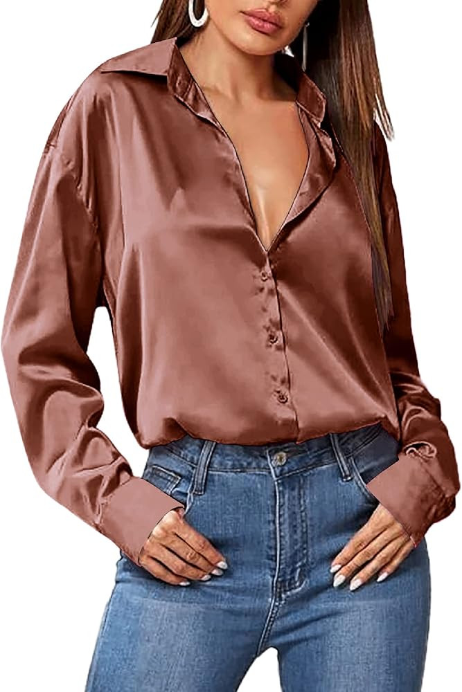Hotouch Satin Silk Women Button Down Shirt Long Sleeve V Neck Casual Loose Work Office Blouse Tun... | Amazon (US)