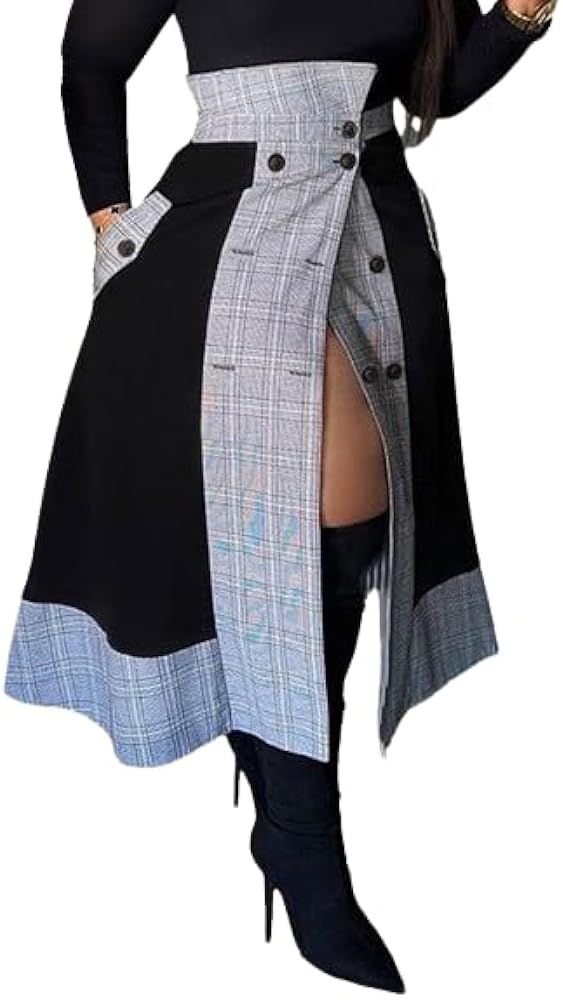 Women Plaid Skirt Button Combo A-Line Midi Skirt High Waist Skirts with Pockets | Amazon (US)