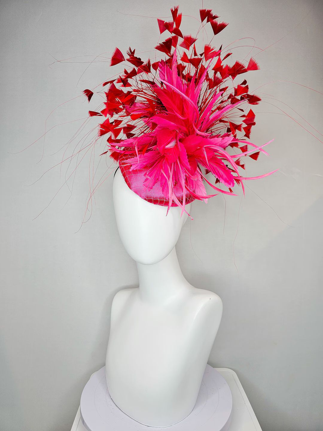 Kentucky Derby Hat Fascinator Bright Hot Pink Satin With Large Pink Feather Flower With Red Feath... | Etsy (US)