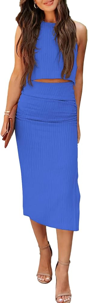 PRETTYGARDEN Women's 2 Piece Summer Outfits Crewneck Tank Tops Split Bodycon Midi Skirt Dress Set | Amazon (US)