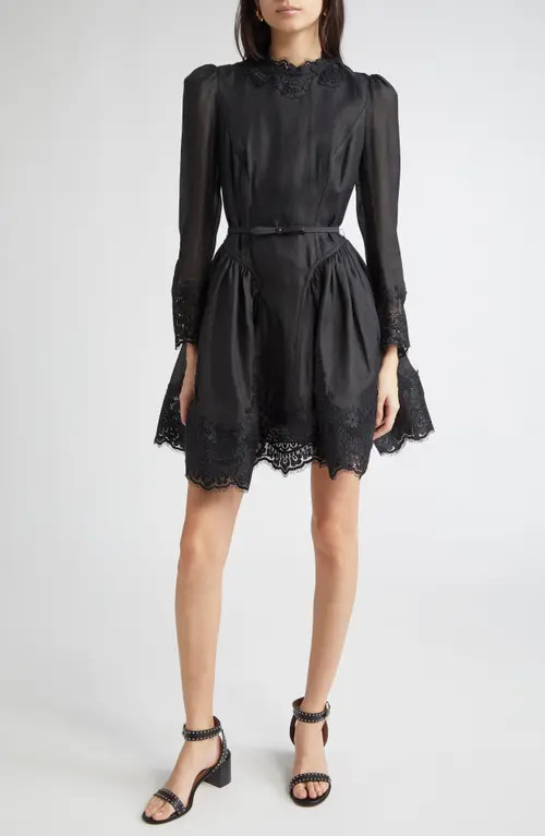 Zimmermann Hypnotic Lace Trim Long Sleeve Belted Linen & Silk Minidress in Black at Nordstrom, Size 0 | Nordstrom