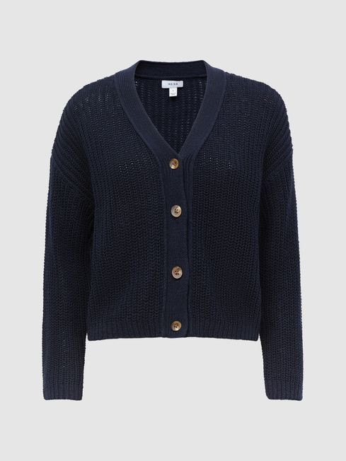 Reiss Navy Adeena Cotton-Linen Blend Knit Cardigan | Reiss UK