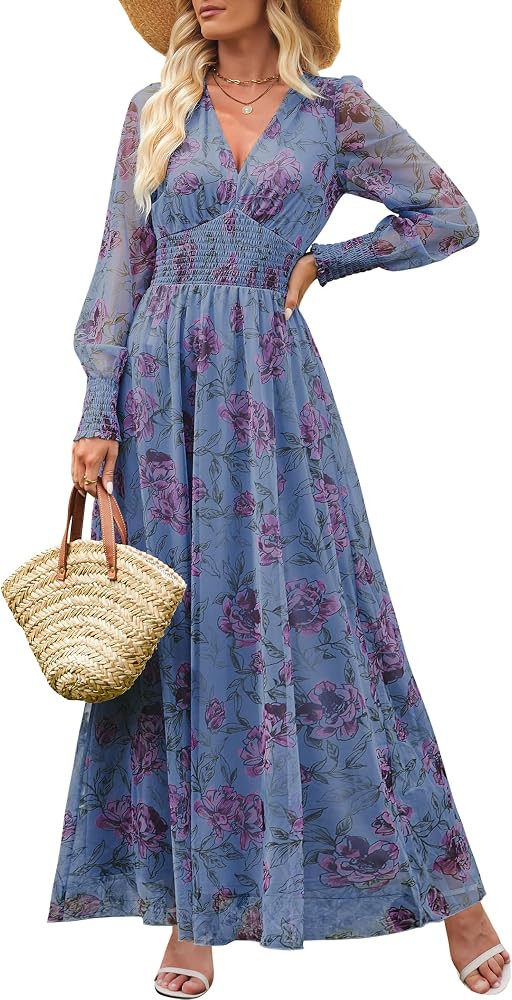 ANRABESS Women's Floral Maxi Dress 2025 Fall V Neck Puff Long Sleeve Flowy Casual Wedding Guest T... | Amazon (US)