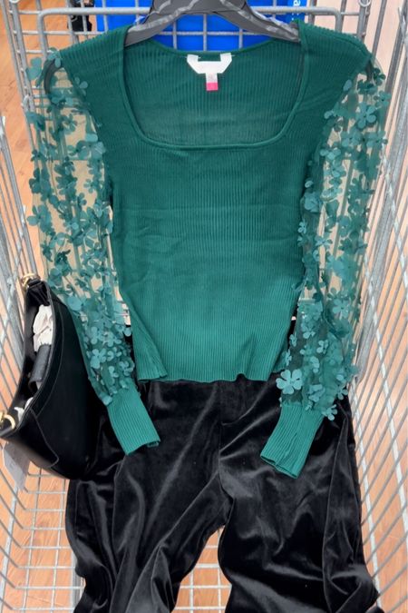Walmart Christmas outfit with this party perfect top and wide leg velvet pants! Top has sheer mesh sleeves with pretty flower appliqués. Not itchy. It’s juniors and I sized up one size to a medium in this top. Comes in four colors. Pants fit tts, I got a small. #walmartfashion #christmasoutfit #holidayparty

#LTKstyletip #LTKfindsunder50 #LTKHoliday