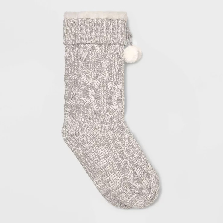 Women's Sequin Cable Faux Shearling Lined Slipper Socks with Faux Fur Poms & Grippers - 4-10 | Target