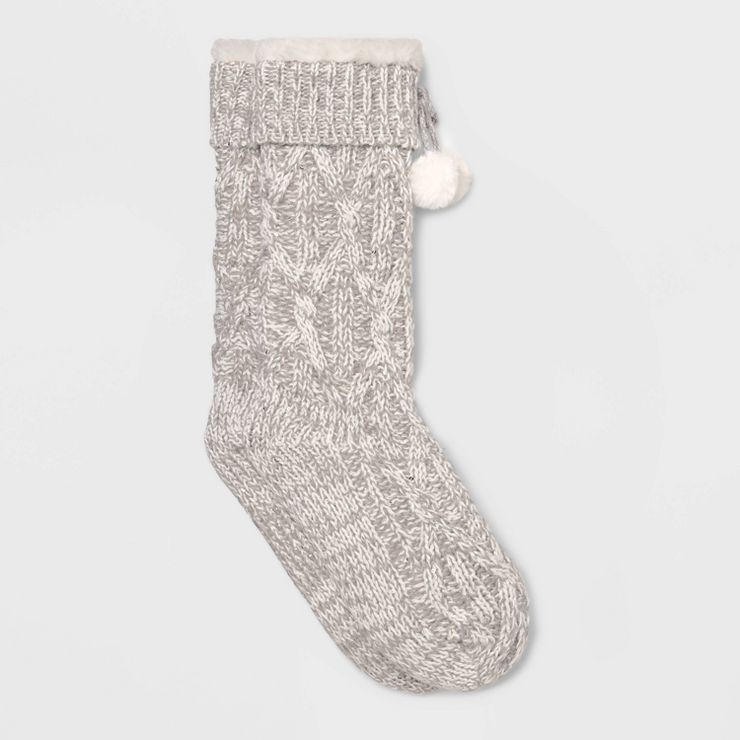 Women's Sequin Cable Faux Shearling Lined Slipper Socks with Faux Fur Poms & Grippers - 4-10 | Target