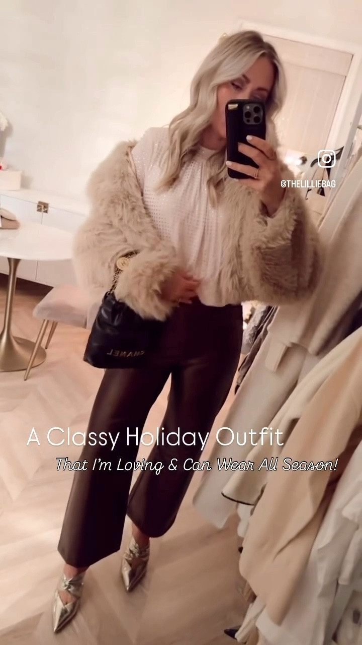 Love this holiday look! Pants are GORG too! Love the color! I did my tts in top and pants are also tts! 

Holiday style. Rhinestone. Sparkle. Winter outfit. Faux fur. Jacket. Metallic. Gold. 

#LTKFindsUnder100 #LTKHoliday #LTKStyleTip