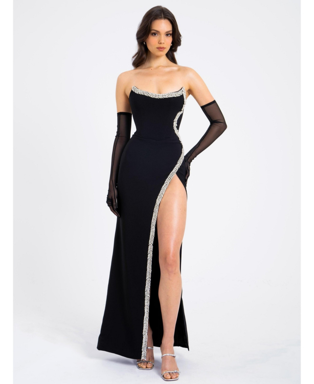 Miss Circle Women Xoana Black Crystal Embellished High Slit Gown - Black | Macy's
