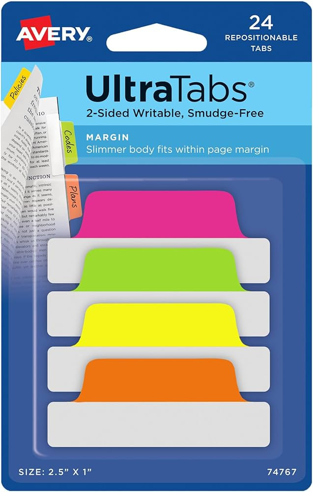 Avery Margin Ultra Tabs, 2.5" x 1", 2-Side Writable, Assorted Neon Color, 24 Repositionable Page ... | Amazon (US)