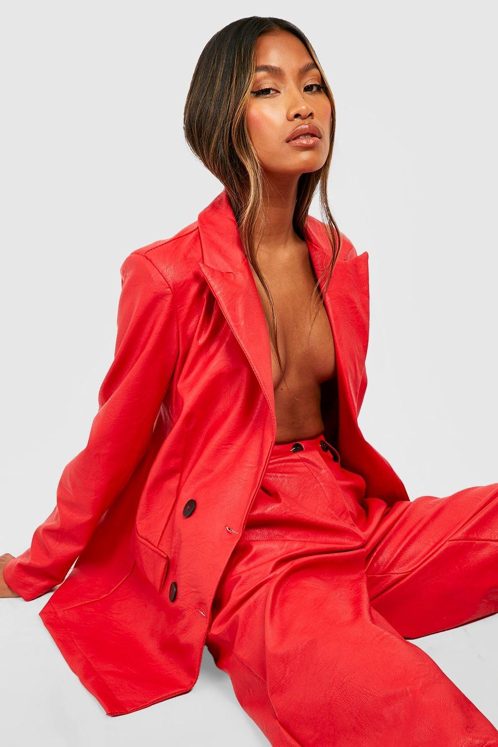 Faux Leather Contrast Button Fitted Blazer | Boohoo.com (US & CA)