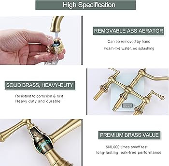 WOWOW Brass Kitchen Faucet Bridge with Side Sprayer, 4 Hole Kitchen Faucet 2 Handle 8 Inch Center... | Amazon (US)