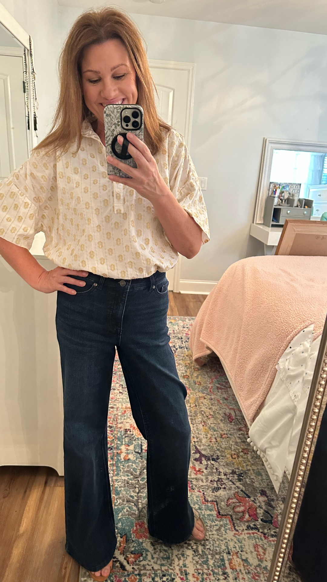 Great jeans for fall. They look high end but are not. Because of a lot of stretch, I would recommend sizing down one size if you are comfortable. I’m 5’6 and if wearing a flat, it skims the floor. 

#LTKWorkwear #LTKOver40 #LTKU