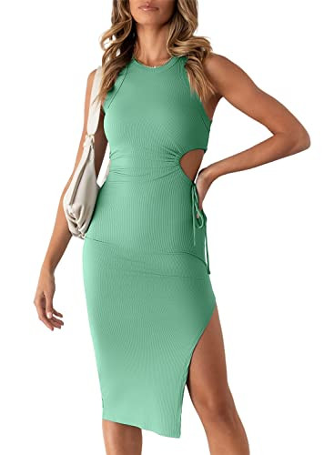 Valiamcep Summer Tank Dress for Women Sleeveless Crew Neck Cut Out Split Slit Bodycon Dresses Ribbed Knee Midi Dress Mint Green XL | Amazon (US)