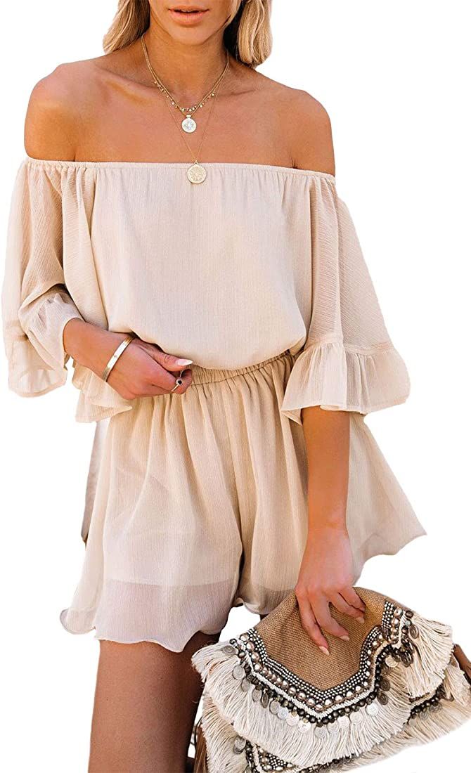 Fixmatti Women Boho Summer Romper Casual Floral Print Off Shoulder Strapless Shorts Jumpsuits | Amazon (US)