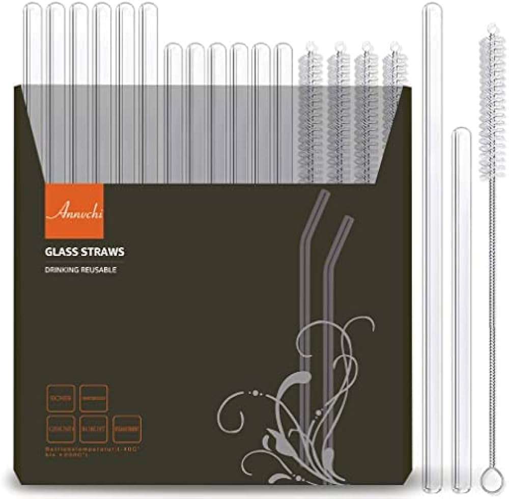 Annvchi Glasstrohhalme Wiederverwendbar 16 Stück - 6 Kurze Glas Strohhalm + 6 Lange Gerade Stroh... | Amazon (DE)