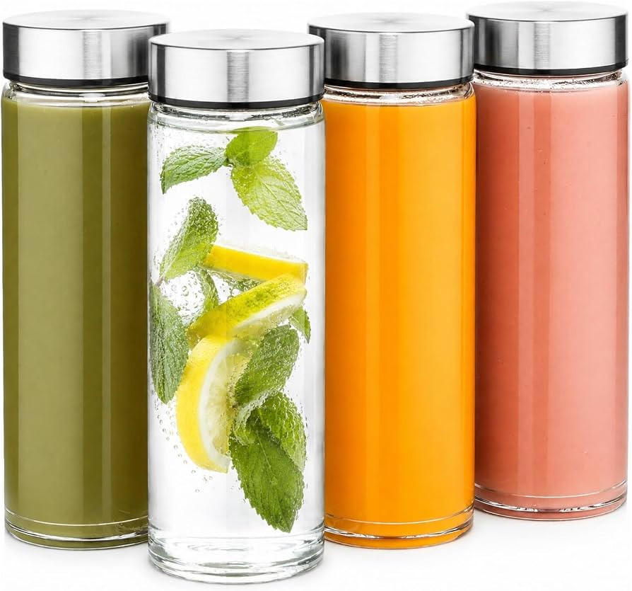 Juice Bottles - 4 Pack Wide Mouth Glass Bottles with Lids - for Juicing, Smoothies, Beverage Stor... | Amazon (US)