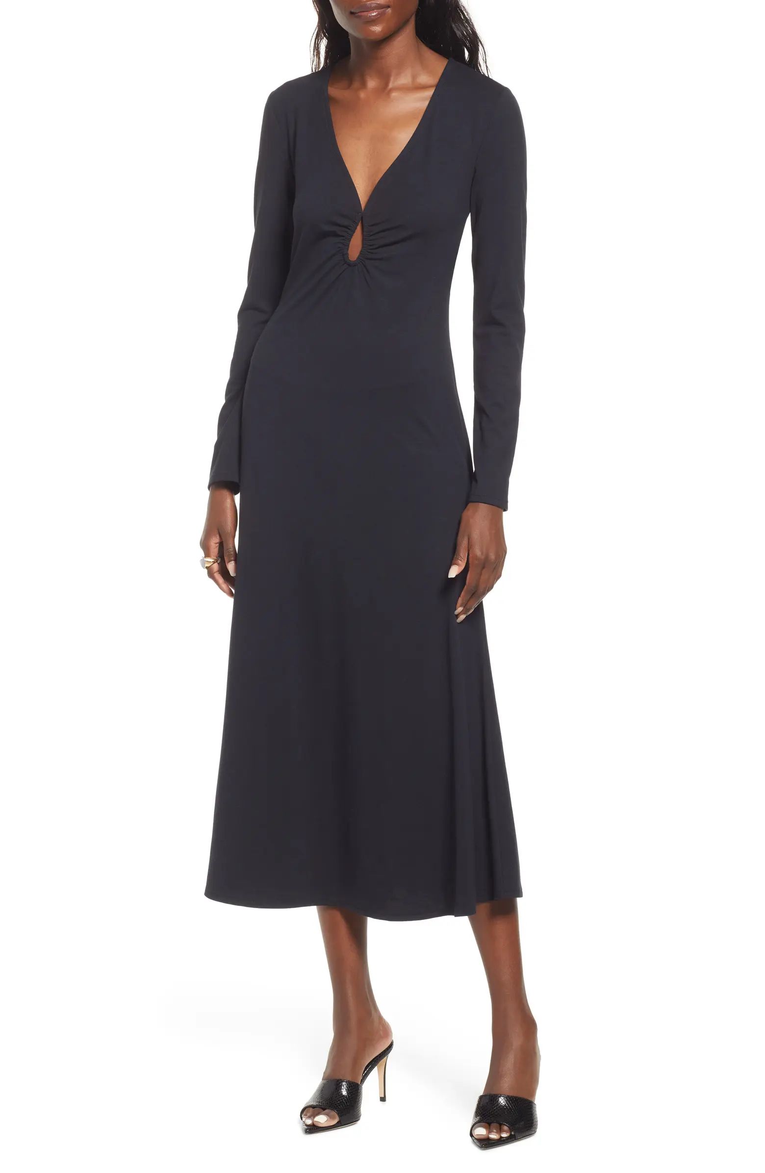 Open Edit Ruched Cutout Long Sleeve Midi Dress | Nordstrom | Nordstrom Canada