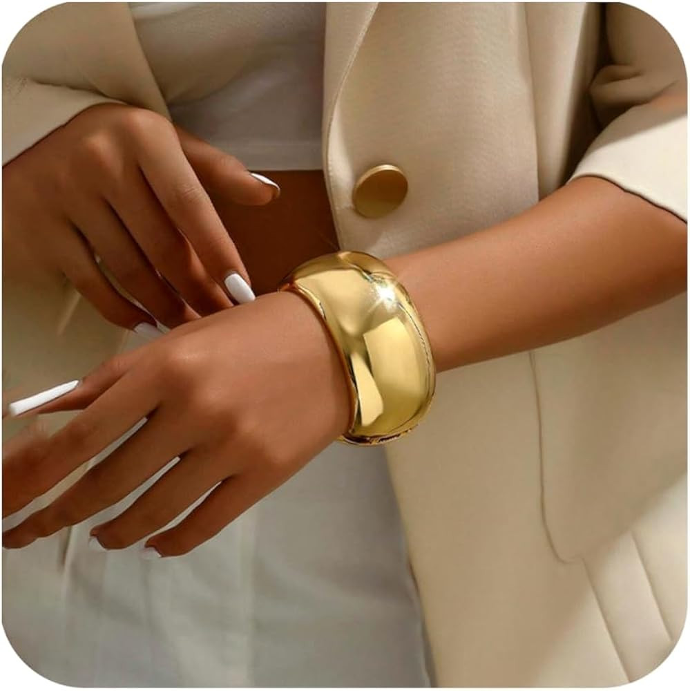 Gold Cuff Bangle Bracelets For Women Trendy Hinged Cuff Open Wide Chunky Gold Bracelet Minimalist... | Amazon (US)