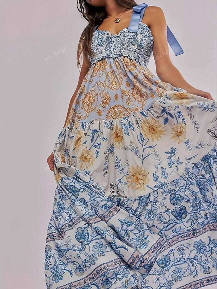 Women's Floral Print Lace-Up Spaghetti Strap Pleated Flowy Dress | SHEIN