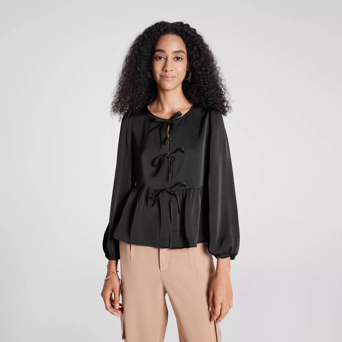 Women's Ballon Long Sleeve Tie Front Blouse - A New Day™ | Target