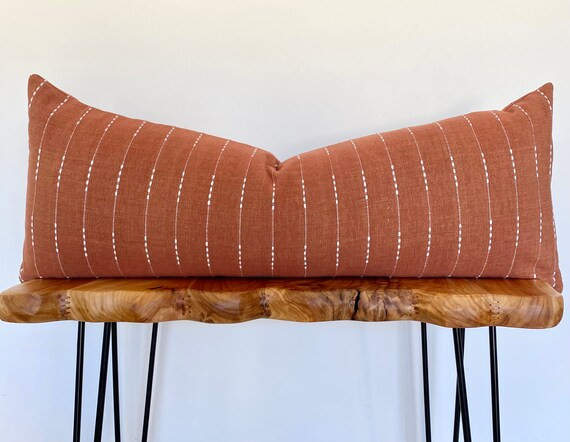 Lumbar Rust Red and Cream Stripe Throw Pillow Cover Cover - Etsy | Etsy (US)