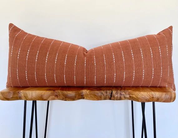 Lumbar Rust Red and Cream Stripe Throw Pillow Cover Cover - Etsy | Etsy (US)