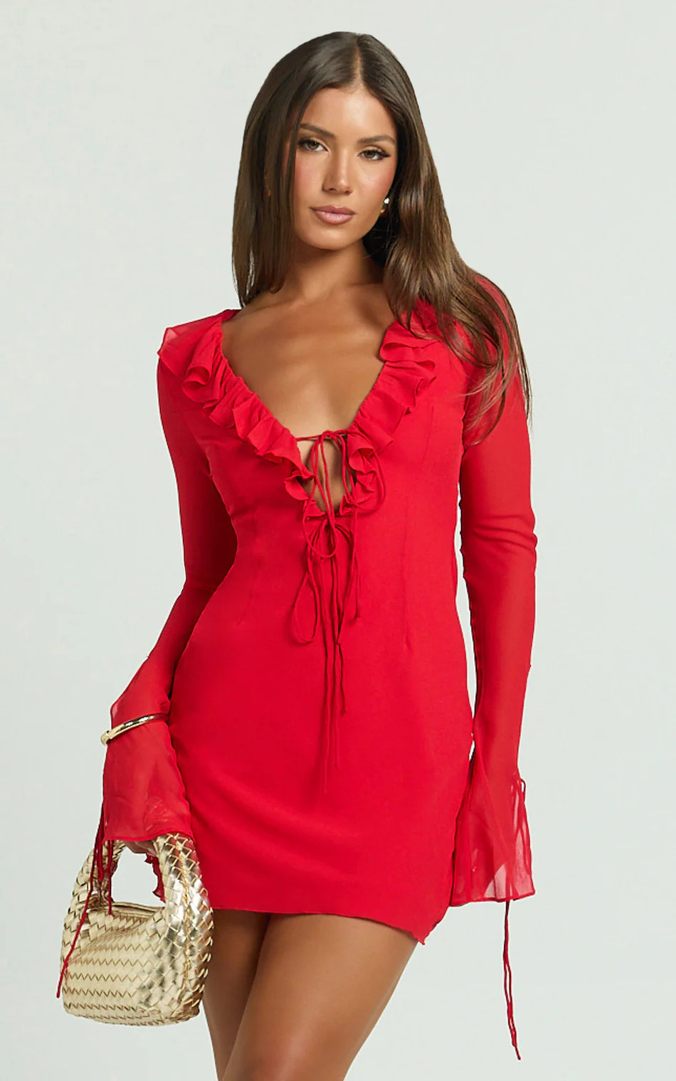 Ruffle Plunge Neck Long Sleeve Tie Detail Dress in Red | Showpo (US, UK & Europe)