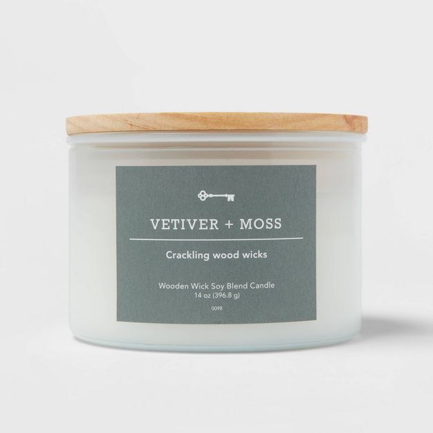 Milky White Glass Woodwick Candle with Wood Lid and Stamped Logo Vetiver and Moss - Threshold™ | Target