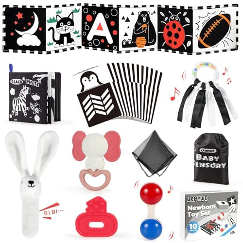 URMYWO 10 Pcs High Contrast Black and White Baby Toys for Newborn - Tummy Time Mirror - Rattle - Teether - Visual Stimulation Learning Cards - Sensory Baby Toys for 0-6 Months - Baby Boy Girl Gifts | Amazon (US)