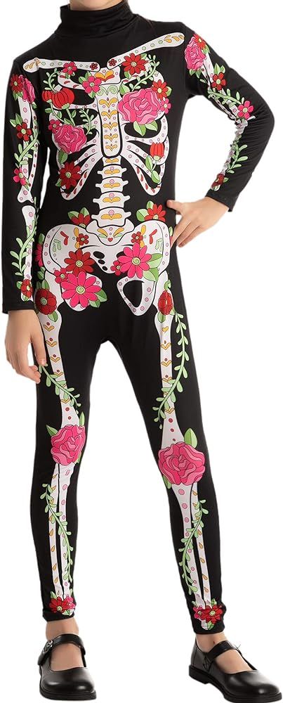 Girls Skeleton Floral Halloween Costume Jumpsuit for Kids Halloween Dress Up | Amazon (US)