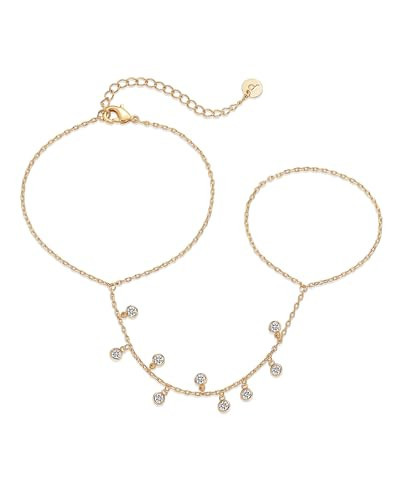 PAVOI 14K Yellow Gold Plated Cubic Zirconia Hand Chain Bracelet for Women | Dainty Multi-Stone Bracelet and Ring Chain Body Jewelry | Amazon (US)