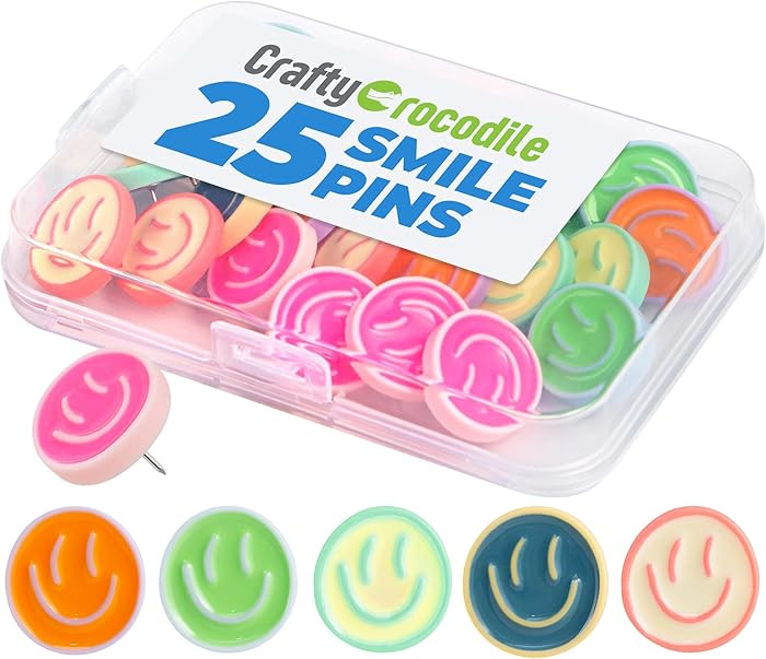 CraftyCrocodile 25 Giant Push Pins - Green, White, Yellow, Blue, Red Smile Tacks with Plastic Hea... | Amazon (US)