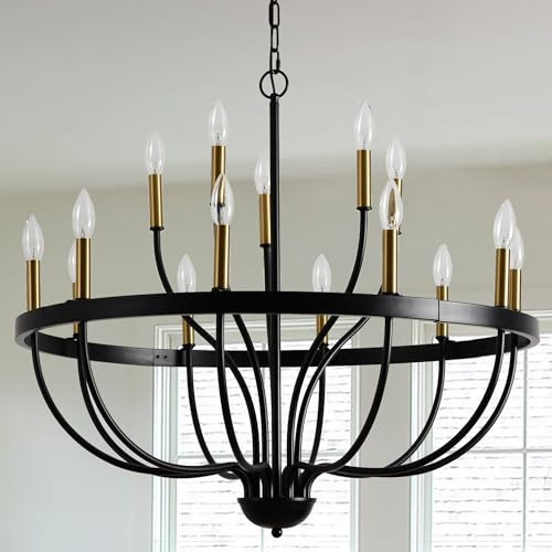 ELGOBST Modern Farmhouse Chandelier for Dining Room 12 Lights,Black and Gold Chandelier Light Fixture,Adjustable Height Hanging Candle Pendant Lighting for Kitchen Island (Black&Gold 15-Lights) | Amazon (US)